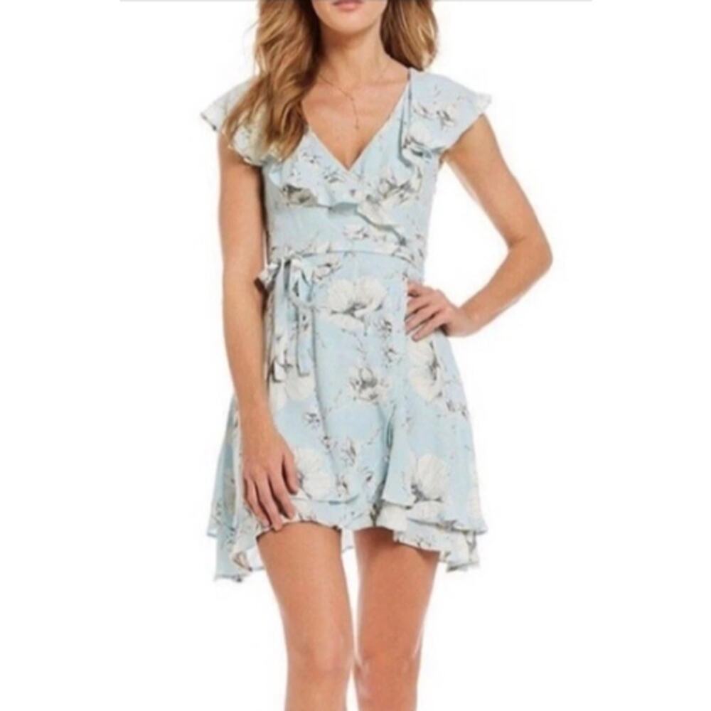 Free People Blue Floral Cottagecore Dress Sz XS Flutter Sleeve Tie Waist Coastal - Picture 4 of 4